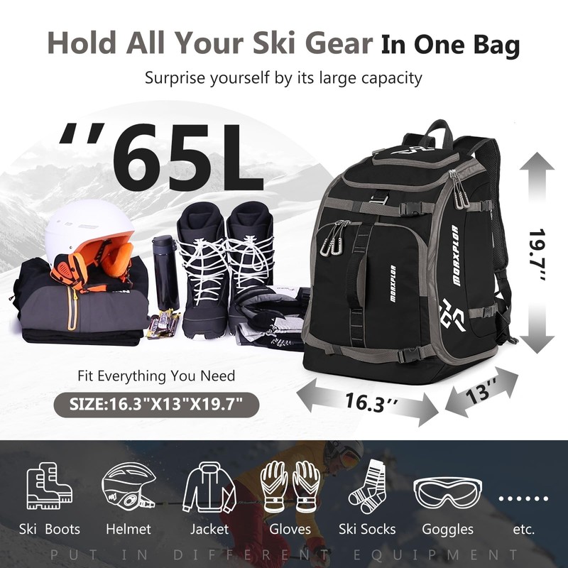 Ski Boot Bag - 65L Padded, Waterproof Ski Travel Backpack
