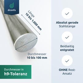 DICONFA Round steel S355 J2+C - diameter 15 mm x 60 mm - diameter 6 mm to 100 mm - length 10 mm to 1500 mm - drawn bare steel h9 | ST 52 K - 1.0579 | round iron shaft mild steel rod axle bolt