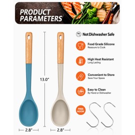 Large Silicone Cooking Spoons, Nonstick Solid Wooden Handle Spoon, Heat Resistan Silicone Kitchen Spoons for Cooking, Serving, Basting, Mixing, 13.2inch (Khaki & Blue)
