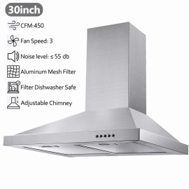 Tieasy 30in Kitchen Wall Mounted Range Hood Stainless Steel 450CFM Ducted/Ductles