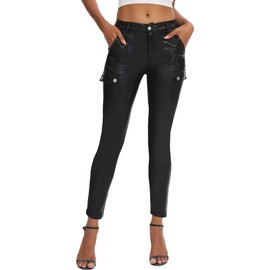 DAOAO Faux Leather Pants for Women Motorcycle Button Zipper Pleather Cargo Pants with Pocket Black XL