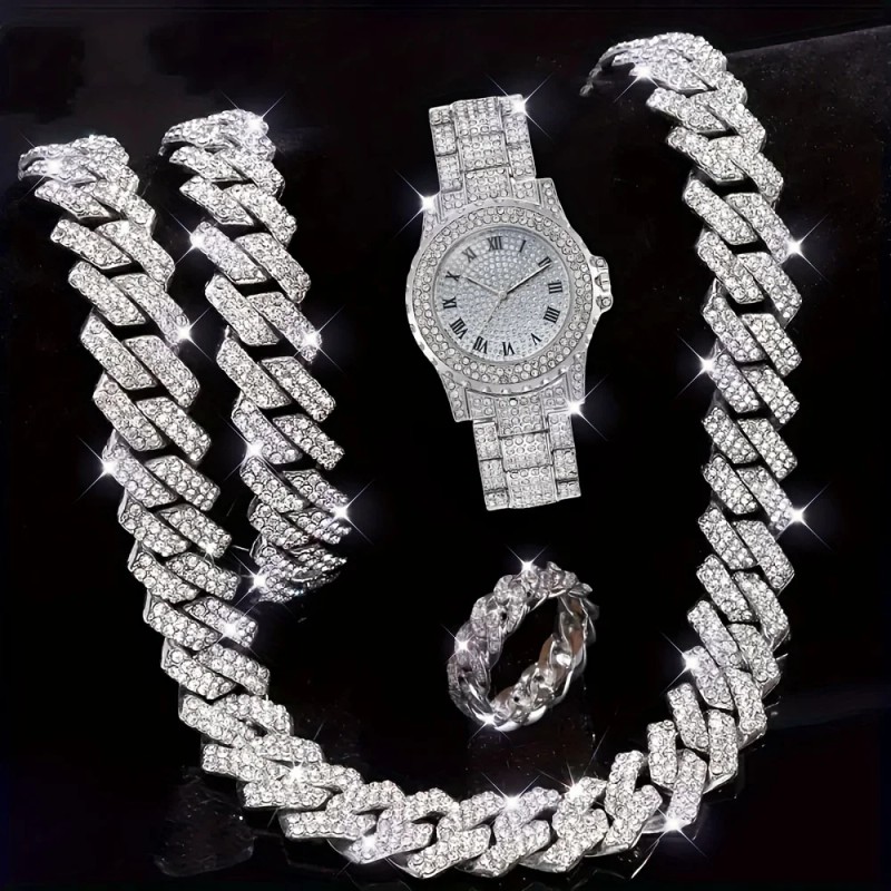 4pcs, Men's Rhinestone Bracelet Set, Ring Set, Men's Watch Gift