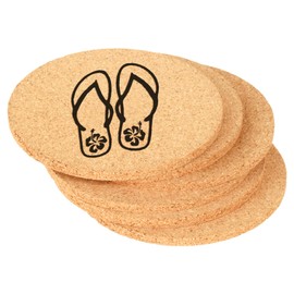 Set of 6 Cork Drink Coasters Flip Flops With Hibiscus (Round)