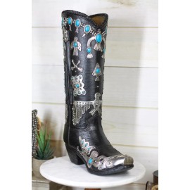 Southwestern Turquoise Silver Aztec Symbols Cowboy Boot Vase Planter Figurine