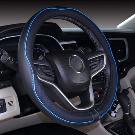 Mayco Bell - Funda de cuero de microfibra para volante de coche, tamaño mediano (14.5-15 pulgadas, color negro azul)