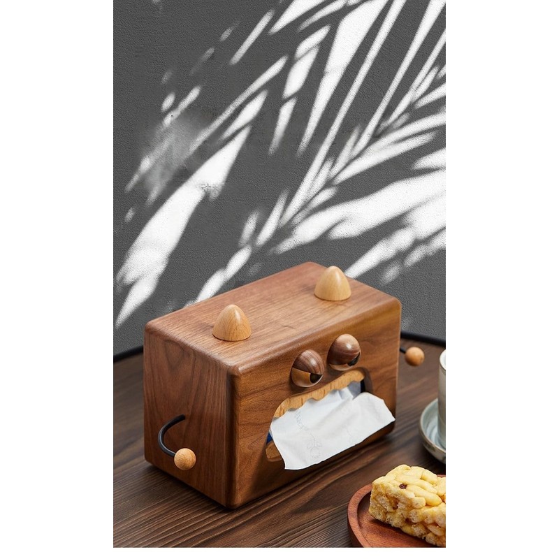 Deerou 黒クルミ材 手作り 可愛いモンスター型 ティッシュケース コンパクト 木製収納 おしゃれ ティッシュボックス ティッシュカバー