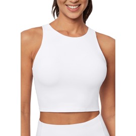 Ewedoos Longline Sports Bras for Women High Neck Racerback Sports Bra Padded Workout Crop Tank Tops with Built in Bra White