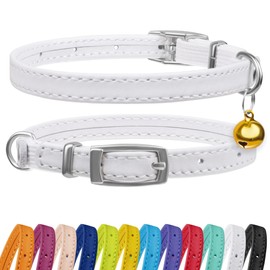 CollarDirect Leather Cat Collar with Bell - Kitten Collar, Small and Big Cat Collar for Boy Cats, Girl Cats with Safety Elastic Strap (Neck Fit 8"-11", White)