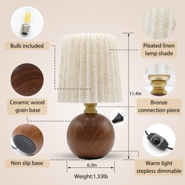 nomoluke Small Pleated Table Lamp for Bedroom, Bedside Lamps for Nightstand, Dimmable Desk Lamp Ceramic Wood Grain Base Round Flaxen Fabric Shade for Living Room, Kids Room, LED Bulb Included (Modern)