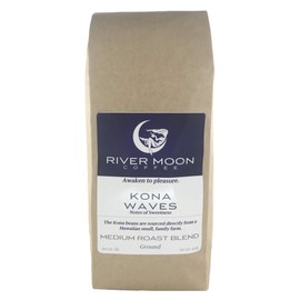 River Moon Coffee, Kona Coffee Ground, Medium Roast, 16 ounces, Kona Waves Hawaiian Coffee Blend, Sustainably Farmed, 100% Arabica