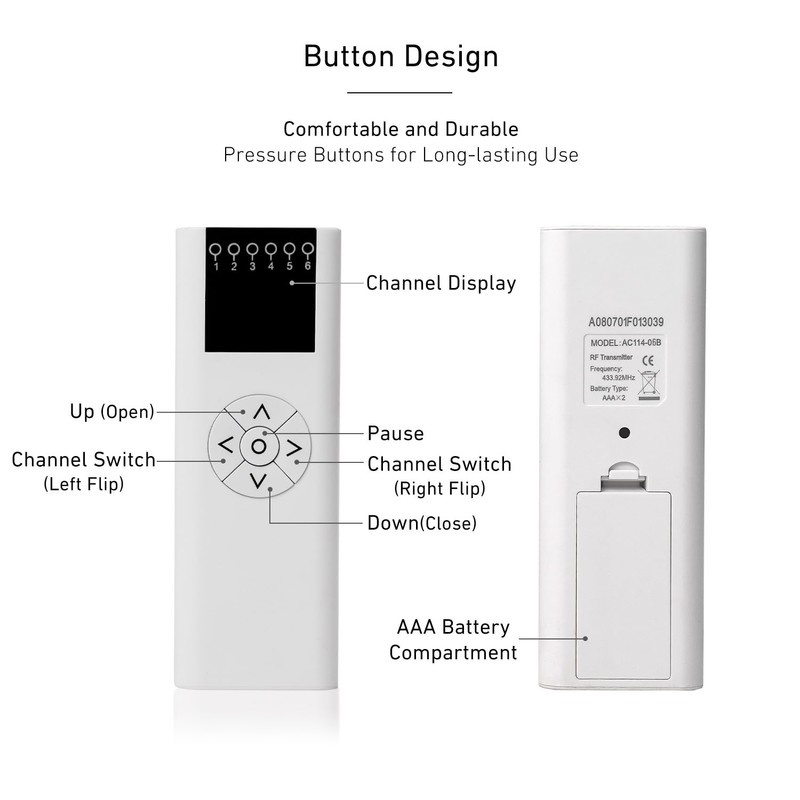 Sortfle AC114-06B Blinds Remote Control，6 Channel RF Transmitter(433.92Mhz) for Electric
