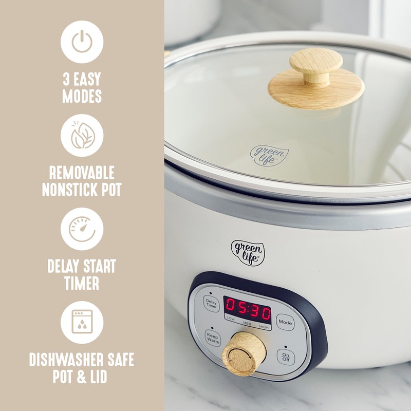 GreenLife 6QT Slow Cooker, Non-Toxic PFAS-Free Ceramic Nonstick Removable Interior