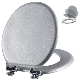 Angol Shiold Glitter Toilet Seat Molded Wood Round Toilet Seat with Quietly Close and Quick Release Hinges, Easy to Clean also Easy to Install (Round 16.5'', Silver)