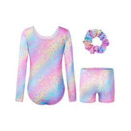 Surgoal Gymnastics Leotards for Girls with Short Long Sleeve Sparkle Ballet Dance Unitard Gymnastics Athletic Outfit 3Pcs for Kids 9-10 Years