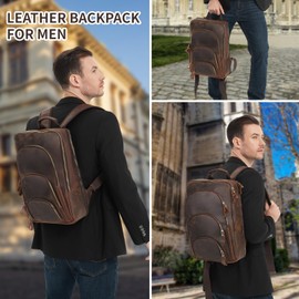 Fshsup Full Grain Leather Backpack 15.6" Laptop Bag Men's Vintage Genuine Leather Business Backpack Travel Hiking Camping Rucksack Overnight Weekender Daypack (Gray)
