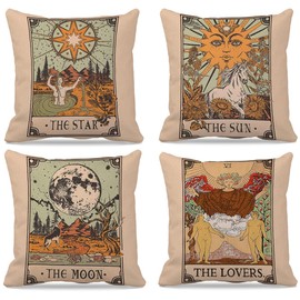 GICHUGI Tarot Card Pillow Covers Set - Tarot Gifts, Tarot Throw Pillow, Set of 4 Flannel Sun Moon Decrative Throw Pillow Cases 18x18, Tarot Decor