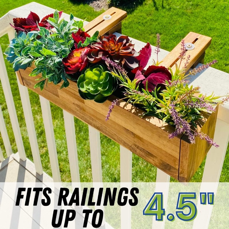 Patio Wise Acacia Wood Railing Planter Box, Outdoor Hanging Flower,