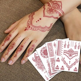 CHARLENT 12 Sheets Henna Tattoos for Women - Waterproof Brown Henna Tattoo Stickers for Women Wedding Party Peacock Lotus Henna Stickers Body Art