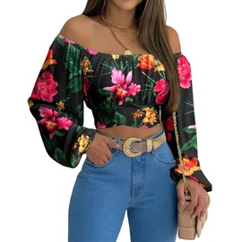 MIRACMODA Women Off Shoulder Ruched Tie Back Lantern Sleeve Crop Top Boho Floral Summer Casual Blouse