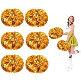 6 Pcs Cheerleading Pom Poms - 13.7 Inch Cheerleader Pompoms with Baton Handle, Plastic Metallic Foil Cheer Hand Flowers Bulk, for Team Sports Games Dance Cheering Kids Adults (Gold)