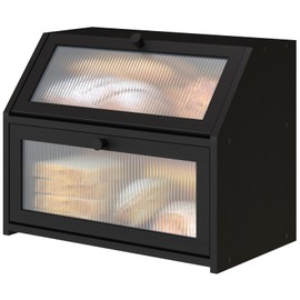 Vriccc Large Bread Box for Kitchen Counter, Double Layer Black Bamboo Wooden Large Capacity Bread Storage Bin with Acrylic Wavy Door Panel