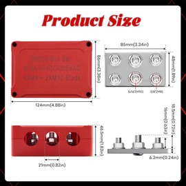 Highfound 500A Bus Bar 12V Power Distribution Block with Cover 4 x 5/16" (M8) + 2 x 3/8" (M10) Studs 48V DC 300V AC Battery Busbar Terminal Block for Automotive Car Boat Marine - Positive & Negative
