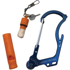 OUTDOOR ELEMENT Firebiner and Wombat Whistle - (COMBO-PACK) Fire Starter, Carabiner, Multi Tool, Utility Blade, Bottle Opener, Keychain Emergency Tool with Screwdriver Tip, Blue