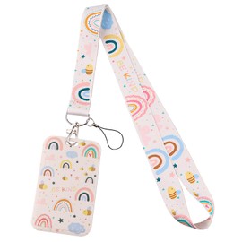Juanooo Aesthetic Rainbow ID Lanyard with Card Holder Cute Neck Lanyard Strap for Keys ID Badges for Women Girls Teachers Kids Preppy Keychain School Student ID Holder