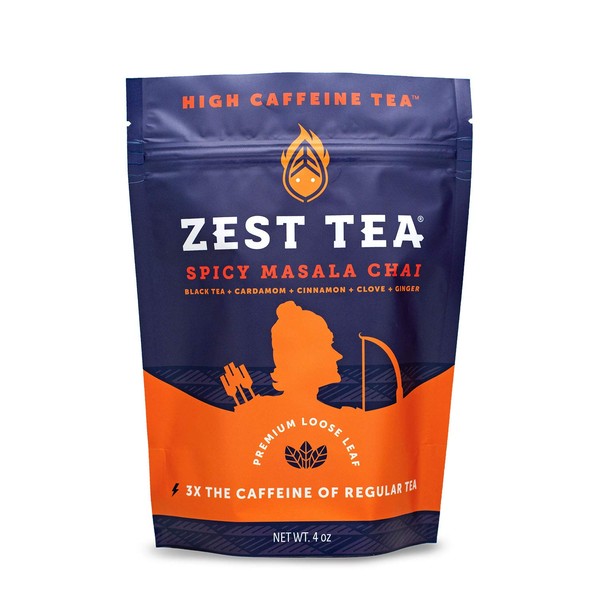 Zest Tea Premium Energy Hot Tea, High Caffeine Blend Natural & Healthy Traditional Coffee Substitute, Perfect for Keto, 150 mg Caffeine per Serving, Spicy Masala Chai Black Tea, 4 Oz Loose Leaf