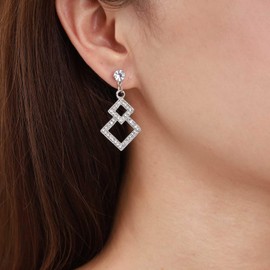 Allereya Vintage Crystal Square Dangle Earrings Rhinestone Square Drop Earrings Silver Long Square Earrings Sparkly Cz Double Square Earrings Jewelry for Women and Girls