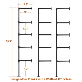 HITOMEN Industrial Iron Pipe Shelves, 3 Set 5-Tier 70.5" Tall 12" Depth, DIY Open Bookshelf Bookcase, Wall Mounted Vintage Retro Shelving, Rustic Farmhouse Pantry Kitchen Storage, Black Shelf Brackets