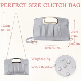 Clutch Purse for Women, RAVUO Elegant Pleated Evening Bag Formal Handbag for Wedding Prom Bridal w Detachable Chain Strap Silver