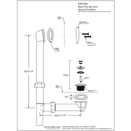Westbrass 597144-50 14" Black Poly Tubular Bath Waste & Overflow Assembly with 2-Hole Faceplate and Pull to Open Drain Plug, 1-Pack, Matte White