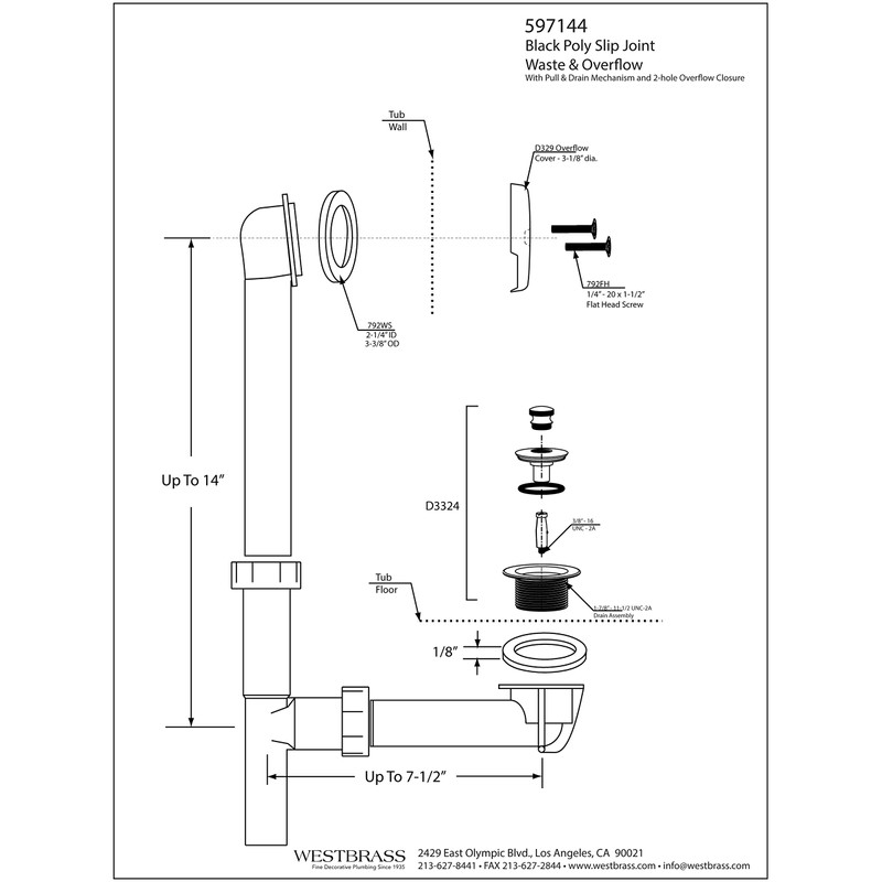 Westbrass 597144-50 14" Black Poly Tubular Bath Waste & Overflow