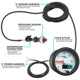 MaxTow Match 30 PSI Fuel Pressure Gauge Kit for Dodge Ram 5.9L 6.7L Cummins 3rd Gen Diesel Truck - Includes Electronic Pressure Sensor - Double Vision Display with Analog & Digital Readouts - 2-1/16"