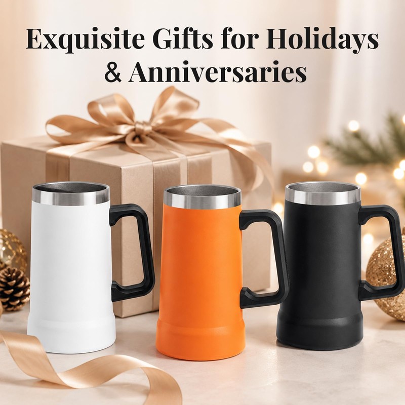Insulated Beer Stein Tumblers, Orange, 24 ounces(No Straw, No Lid)