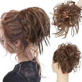 Tousled Updo Messy Bun Hair Extension Instant Ponytail With Elastic Rubber Band Updo Chignon Donut Scrunchies Extensions Hairpiece Synthetic Wavy Hair for Women Golden Brown