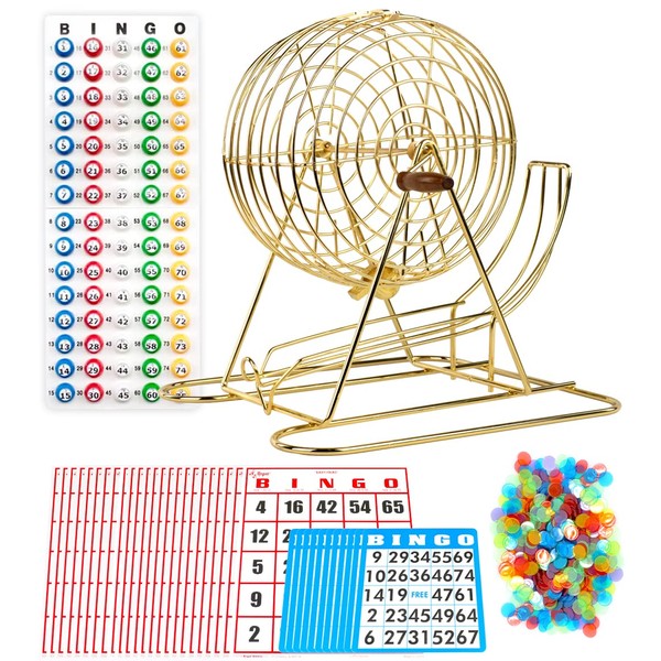 Regal Bingo - 11 Inch Gold Party Bingo Cage - Includes 25 Jumbo Reusable Cards, 18 Standard Bingo Cards, 150 Chips, Master Board, 75 Window Bingo Balls - for Group Games, Bingo Hall, & Holiday Fun