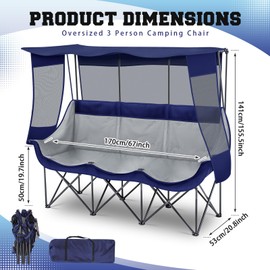 Teenyyou 3 Person Camping Beach Chair with Canopy Shade Fully Padded Folding Outdoor Oversized Camping Sofa for 2-3 Person, Sturdy Loveseat Couch with Cup Holder and Carry Bag for Lawn Camp(Blue)
