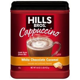Hills Bros. Cappuccino Mix – Rich, Frothy Coffeehouse-Tasting Instant Drink Mix – Quick and Easy Preparation – Perfect for Hot & Iced Drinks & Creaming Coffee – White Chocolate Caramel, 1 Pack of 16oz