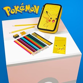 Estuche de lápices de Pokemon para niños y niñas, juego de papelería de Pikachu con lápices de colores, sacapuntas, regla, borrador, bloc de notas, su