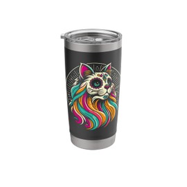 Colorful Sugar Skull Cat, Domestic Longhair, Day of the Dead Stainless Steel Insulated Tumbler