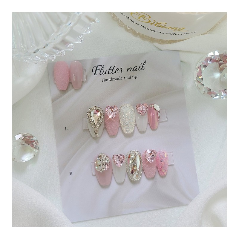 Handmade nail tips full of lovely pink stones - Long