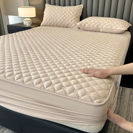 ZIQINPSQ Gingham Fitted Sheet Full Size - 18" Deep Pocket Cotton Quilted, Non-Slip Skincare Bed Sheet,Khaki