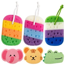 6 Piezas Esponja De Baño, Esponja Para Baño Bebe Para Cuidado Diario De La Piel, Exfoliación Suave, Diseño Con Animales, Ideal Para Familias y Viajes, Esponjas Multicolor Con Cuerda Para Colgar