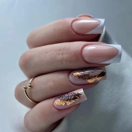 BABALAL Square Press on Nails Medium Fake Nails White French Tip Glue on Nails Gold Acrylic Nails 24Pcs Squoval False Nails for Women and Girls