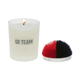 Pavilion Gift Company - Go Team - 5.5 oz Glass Frosted White Glass Single Wick 100% Soy Floral Tranquility Scented Wax - Red & Navy Blue Pom Pom Lid - Sports Lover Fan Enthusiast