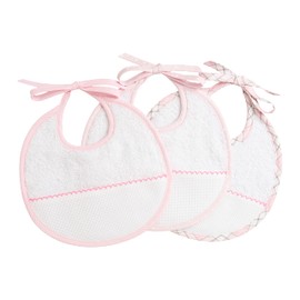 Filet - Set of 3 White Cotton Terry Bibs with Embroidered Aida Insert, Ideal for Protecting Your Child's Clothes, 100% Made in Italy, White Sky, White and rose