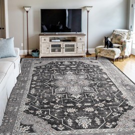 FlyDOIT Vintage Area Rugs for Living Room, 5x8 Grey Floral Medallion Washable Rug for Bedroom, Faux Wool Ultra Soft Retro Accent Rug, Non Slip Indoor Carpet for Kitchen Office Dining Room Decor