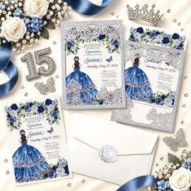 DORIS HOME 50Pcs Glitter Silver Butterfly Quinceanera Invitations, 5" x 7"